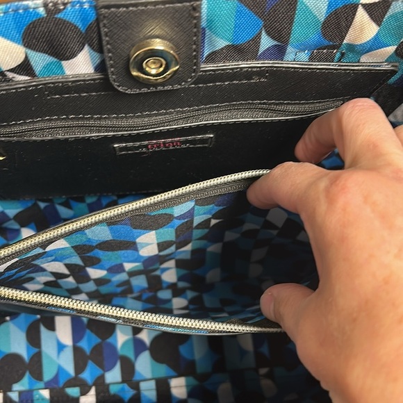 TRINA TURK BLACK VEGAN SHOULDER BAG BLUE BLACK DOT INTERIOR WITH BAG SCARF - Picture 7 of 16